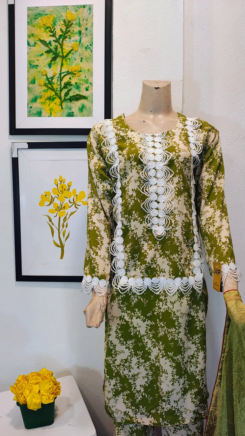 Olive Botanical Print 3-Piece Suit with Bold White Lace Appliqué