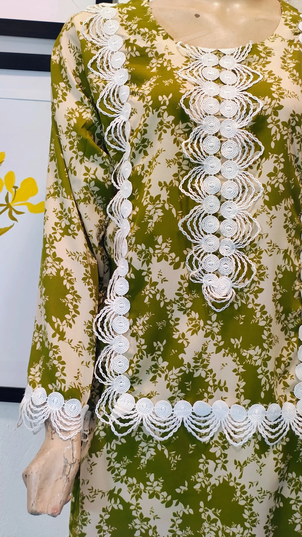 Olive Botanical Print 3-Piece Suit with Bold White Lace Appliqué
