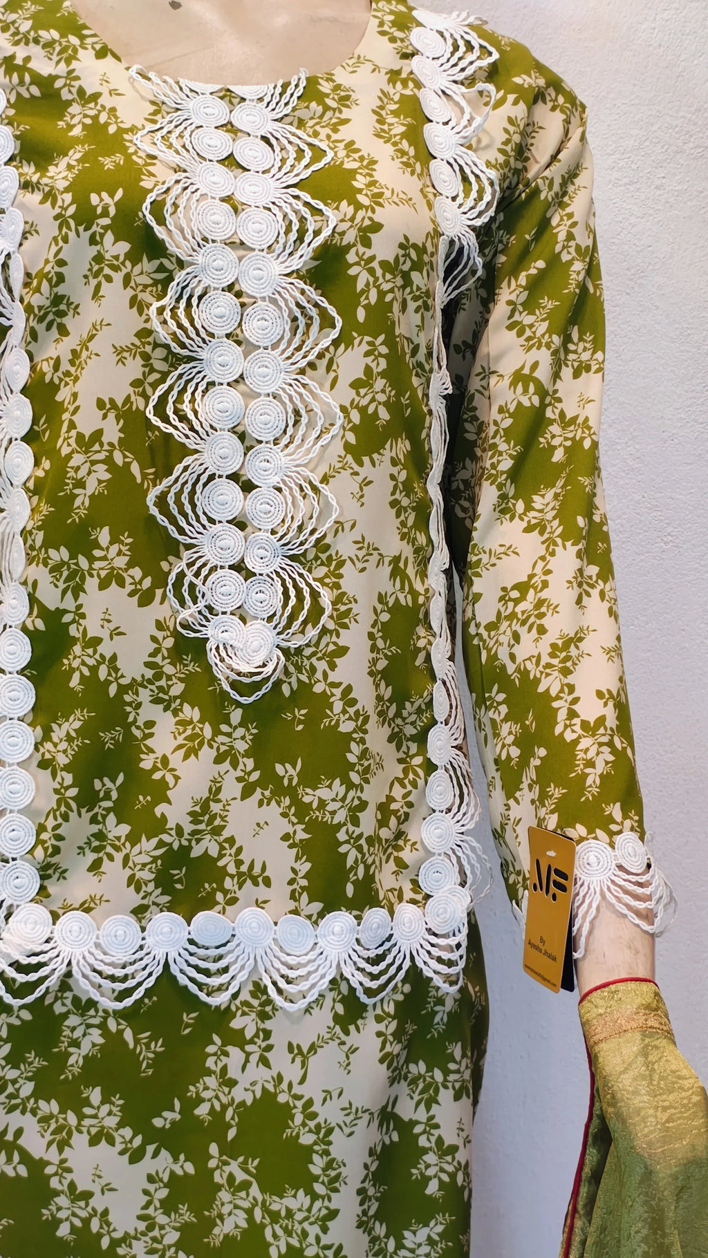 Olive Botanical Print 3-Piece Suit with Bold White Lace Appliqué