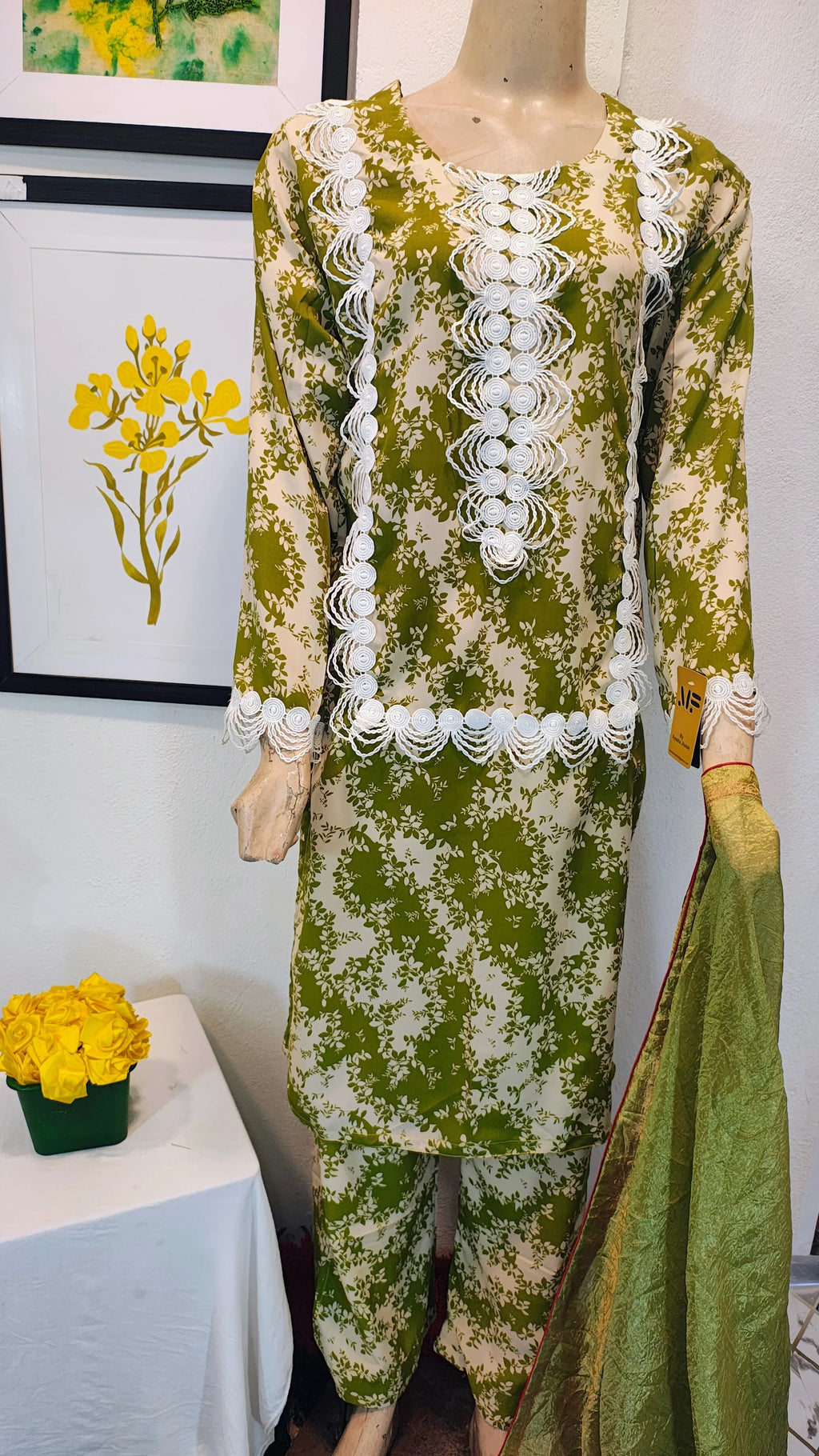 Olive Botanical Print 3-Piece Suit with Bold White Lace Appliqué
