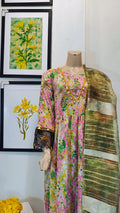 Vibrant Floral Multi-Color Frock Suit with Metallic Striped Dupatta