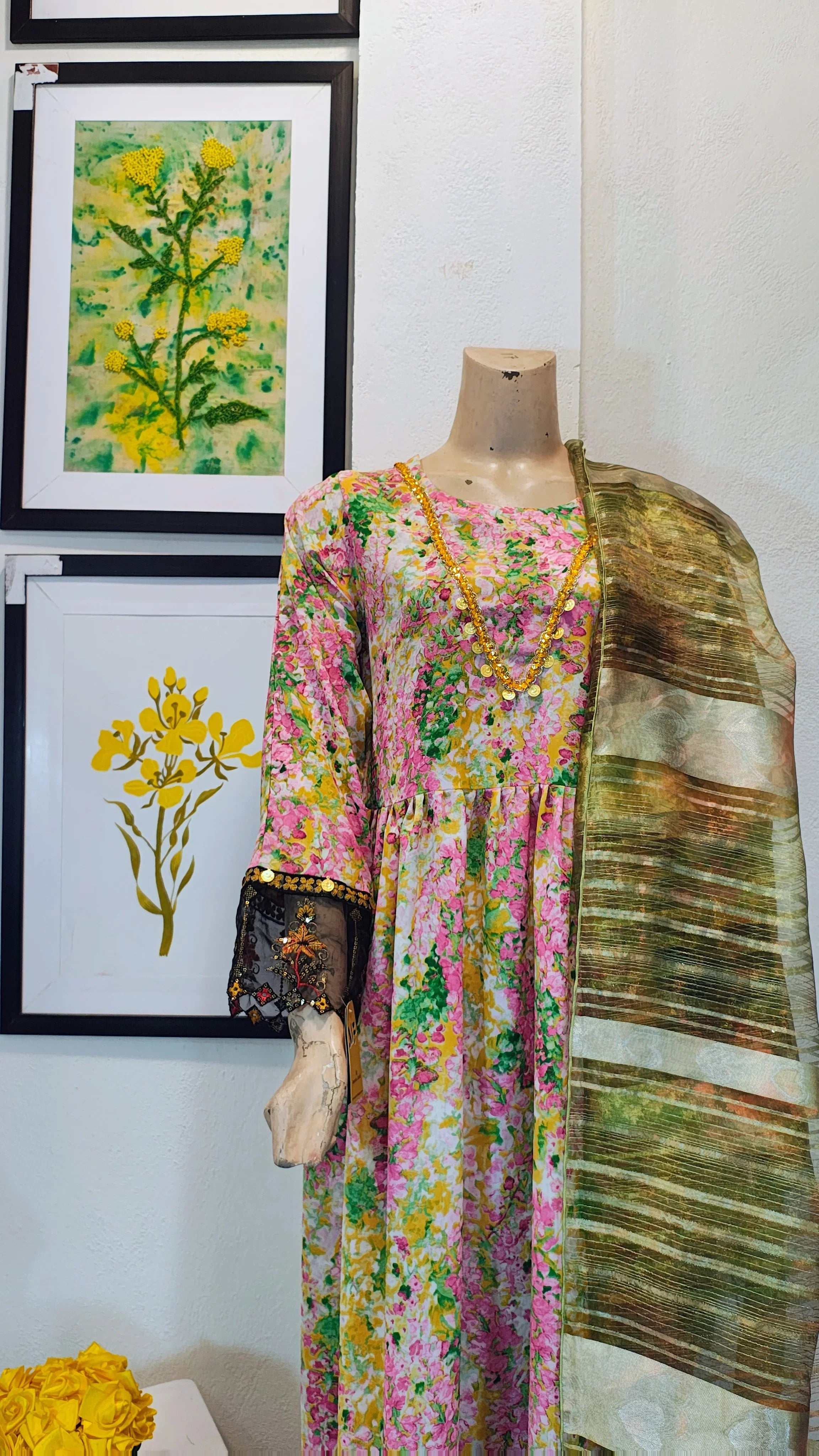 Vibrant Floral Multi-Color Frock Suit with Metallic Striped Dupatta