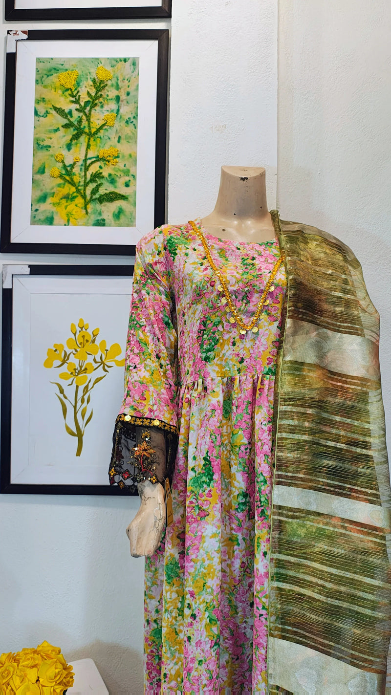 Vibrant Floral Multi-Color Frock Suit with Metallic Striped Dupatta