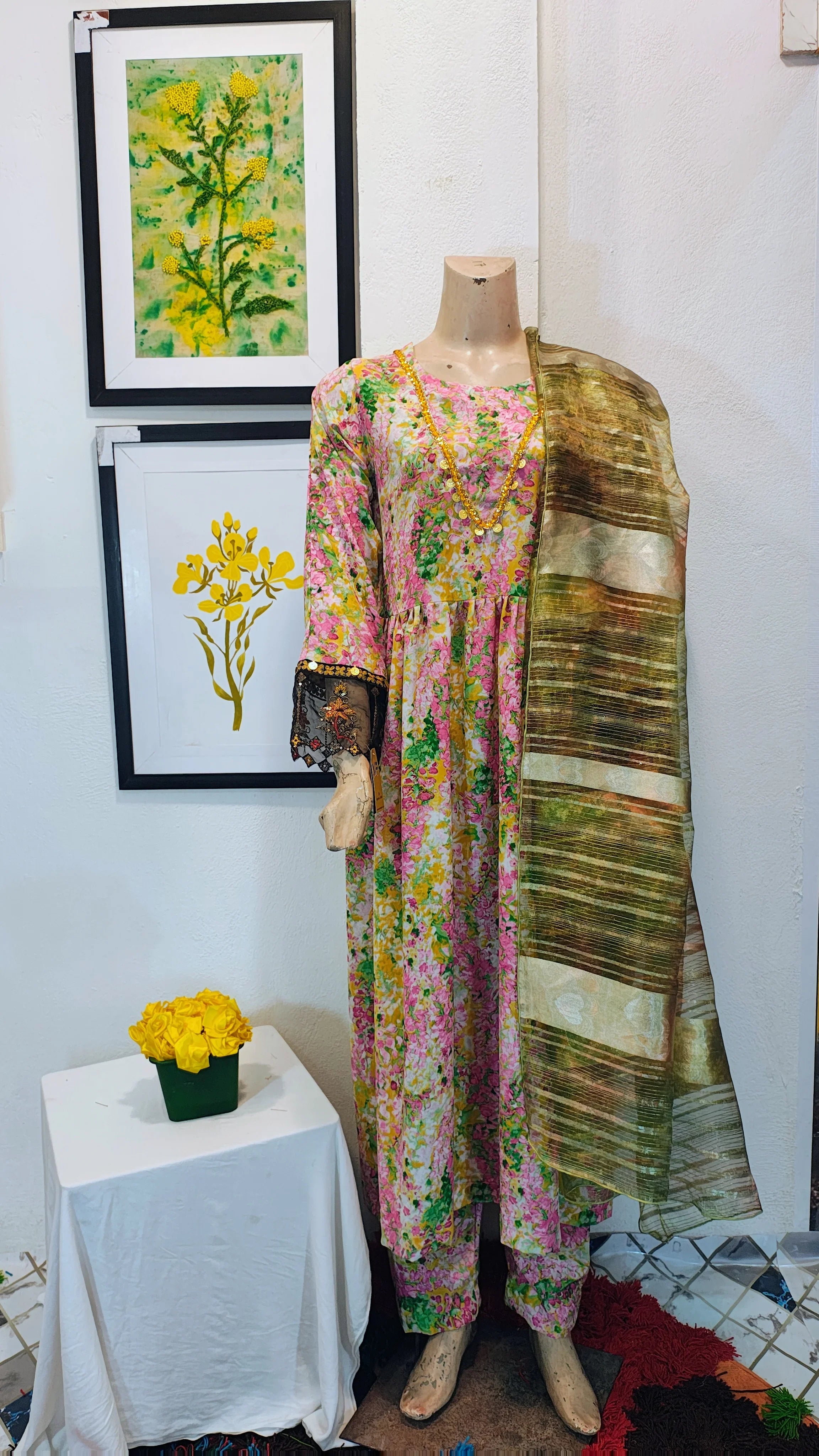 Vibrant Floral Multi-Color Frock Suit with Metallic Striped Dupatta