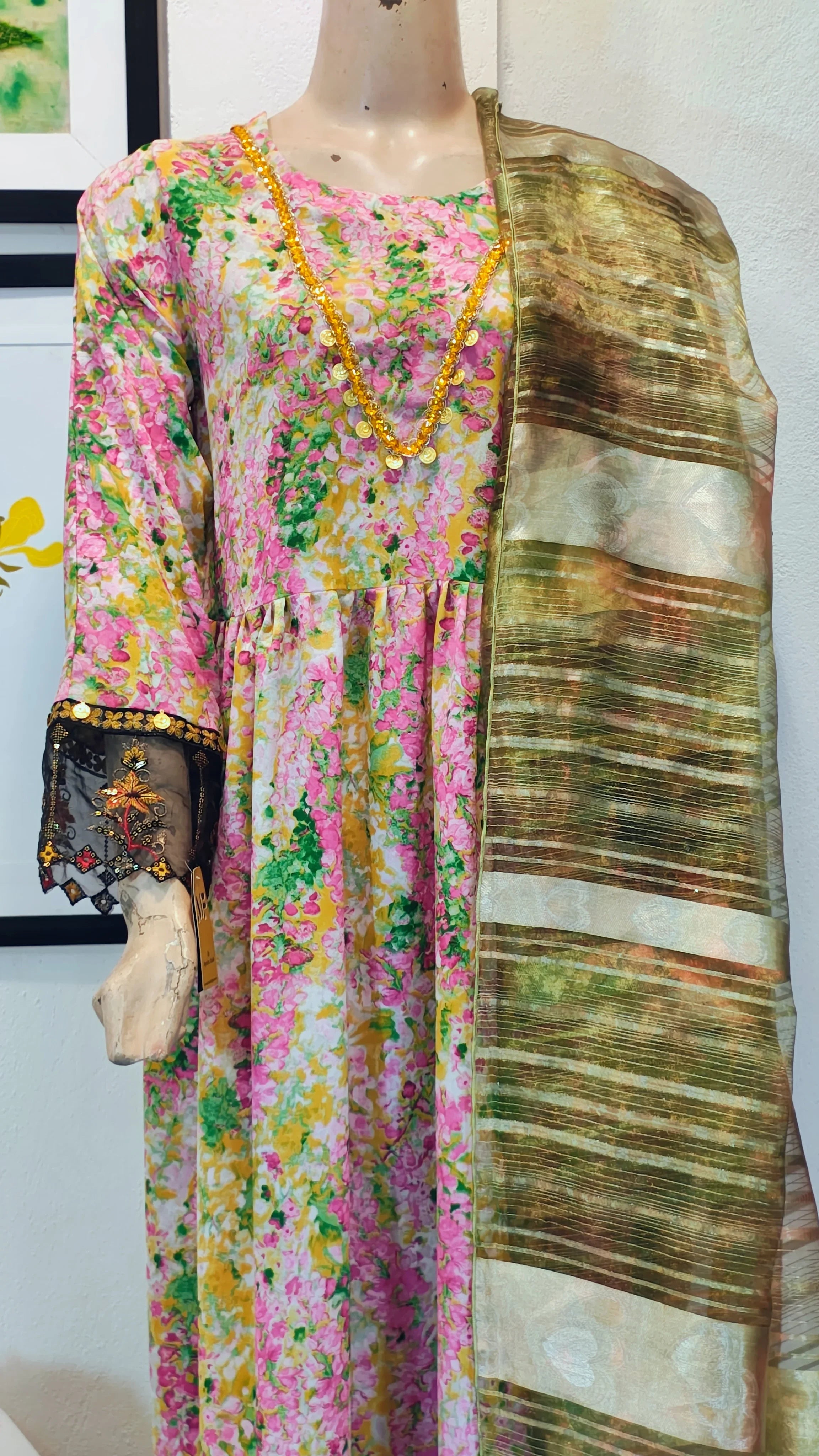 Vibrant Floral Multi-Color Frock Suit with Metallic Striped Dupatta