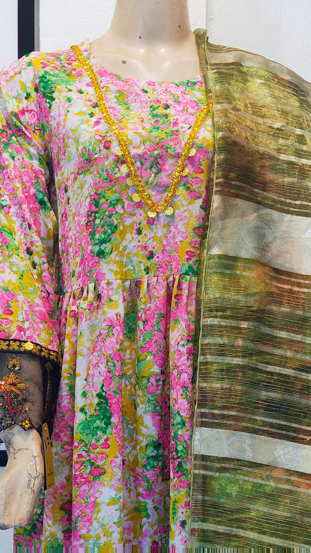 Vibrant Floral Multi-Color Frock Suit with Metallic Striped Dupatta