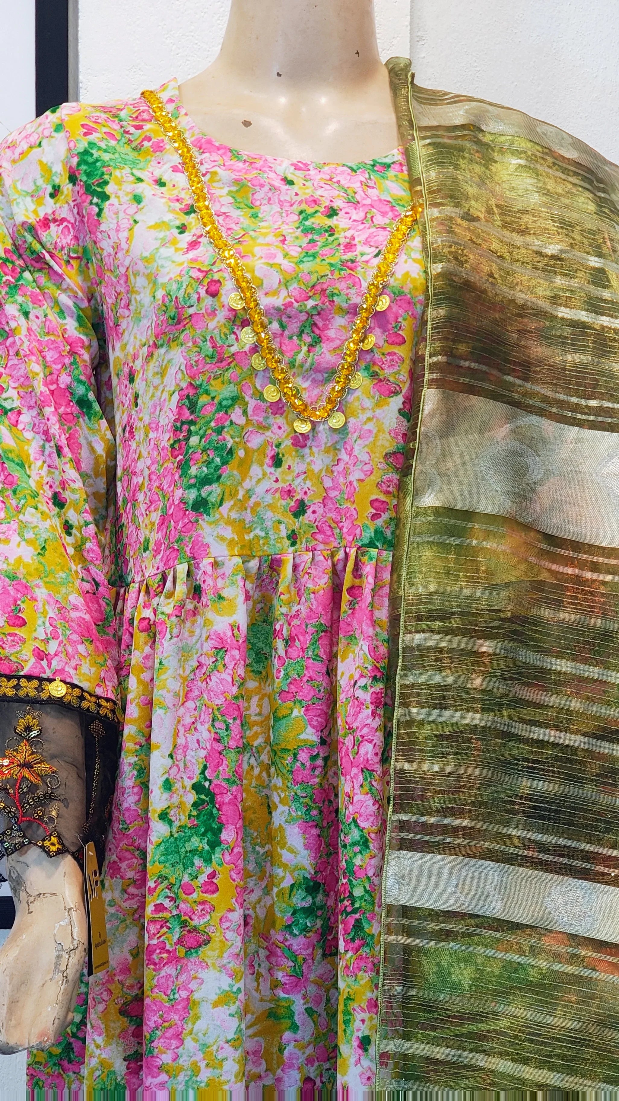Vibrant Floral Multi-Color Frock Suit with Metallic Striped Dupatta