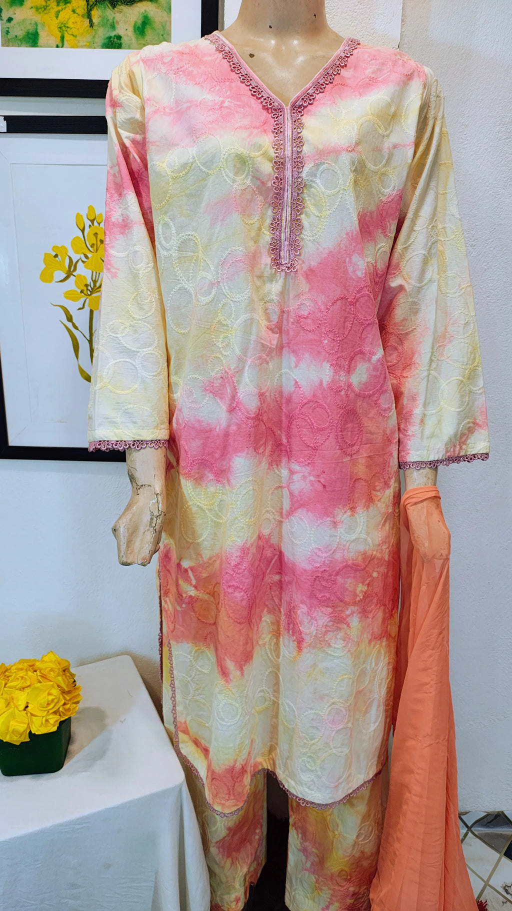 Sunset Pink and Yellow Tie-Dye 3-Piece Suit with Lace Neckline & Peach Dupatta