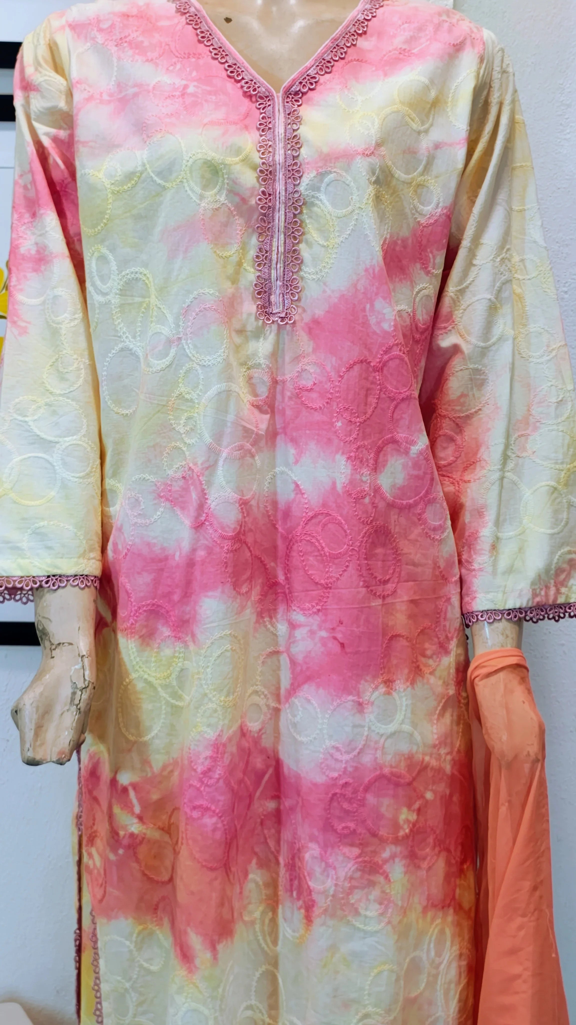 Sunset Pink and Yellow Tie-Dye 3-Piece Suit with Lace Neckline & Peach Dupatta