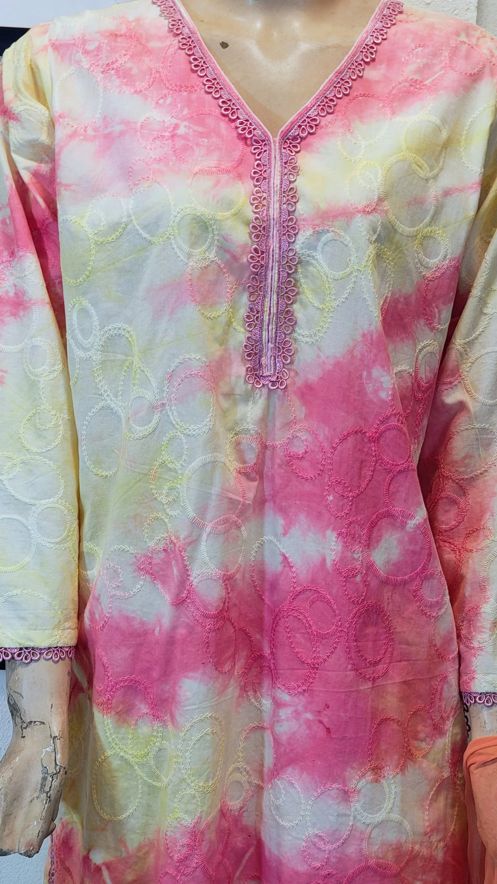 Sunset Pink and Yellow Tie-Dye 3-Piece Suit with Lace Neckline & Peach Dupatta