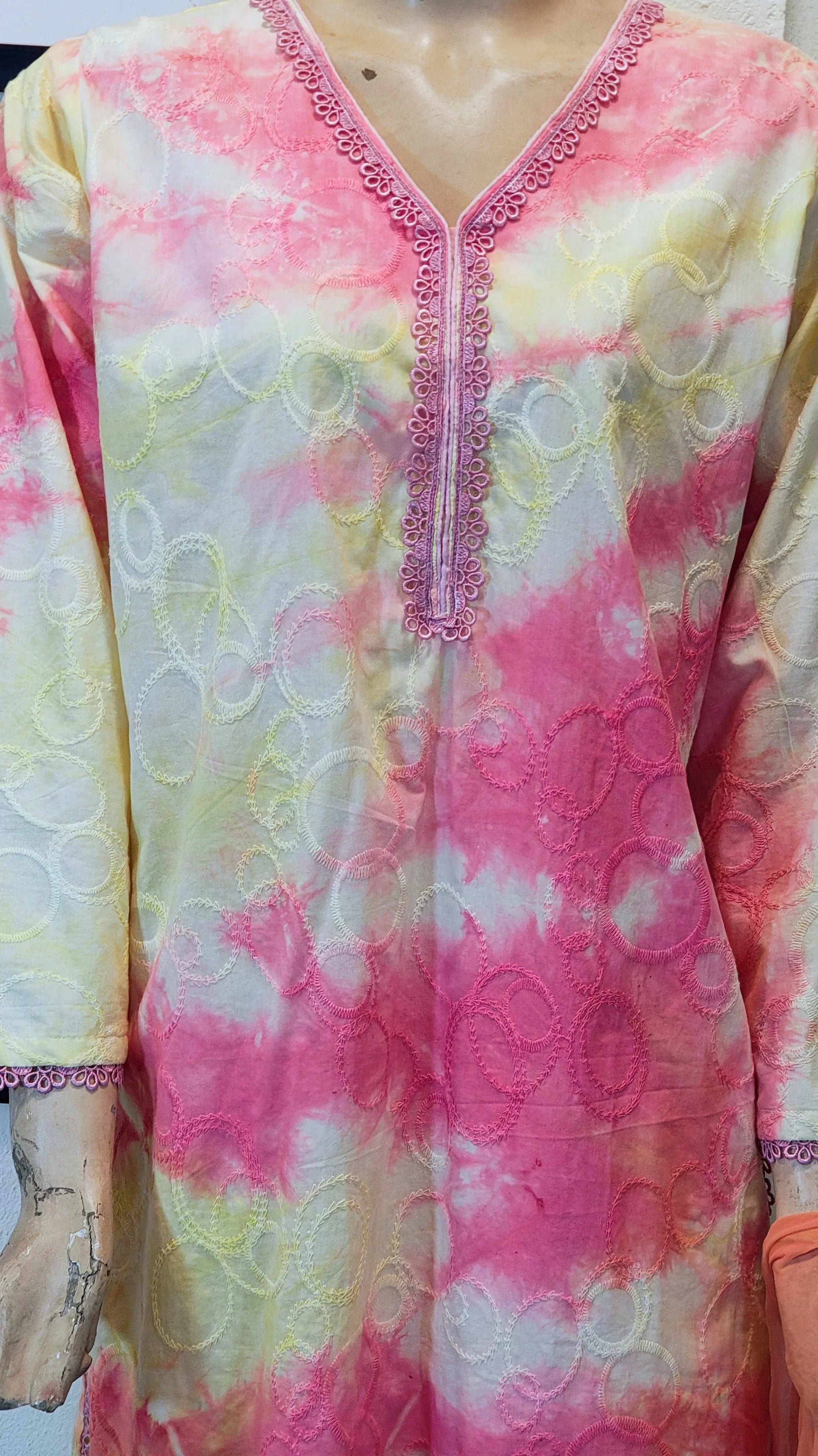 Sunset Pink and Yellow Tie-Dye 3-Piece Suit with Lace Neckline & Peach Dupatta