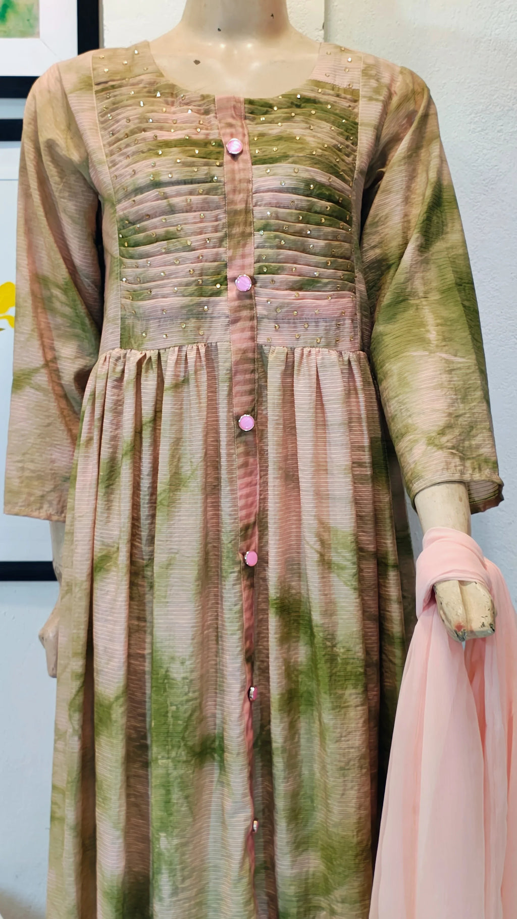 Olive and Rose Tie-Dye Frock Suit with Pintuck Bodice & Peach Dupatta