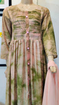 Olive and Rose Tie-Dye Frock Suit with Pintuck Bodice & Peach Dupatta