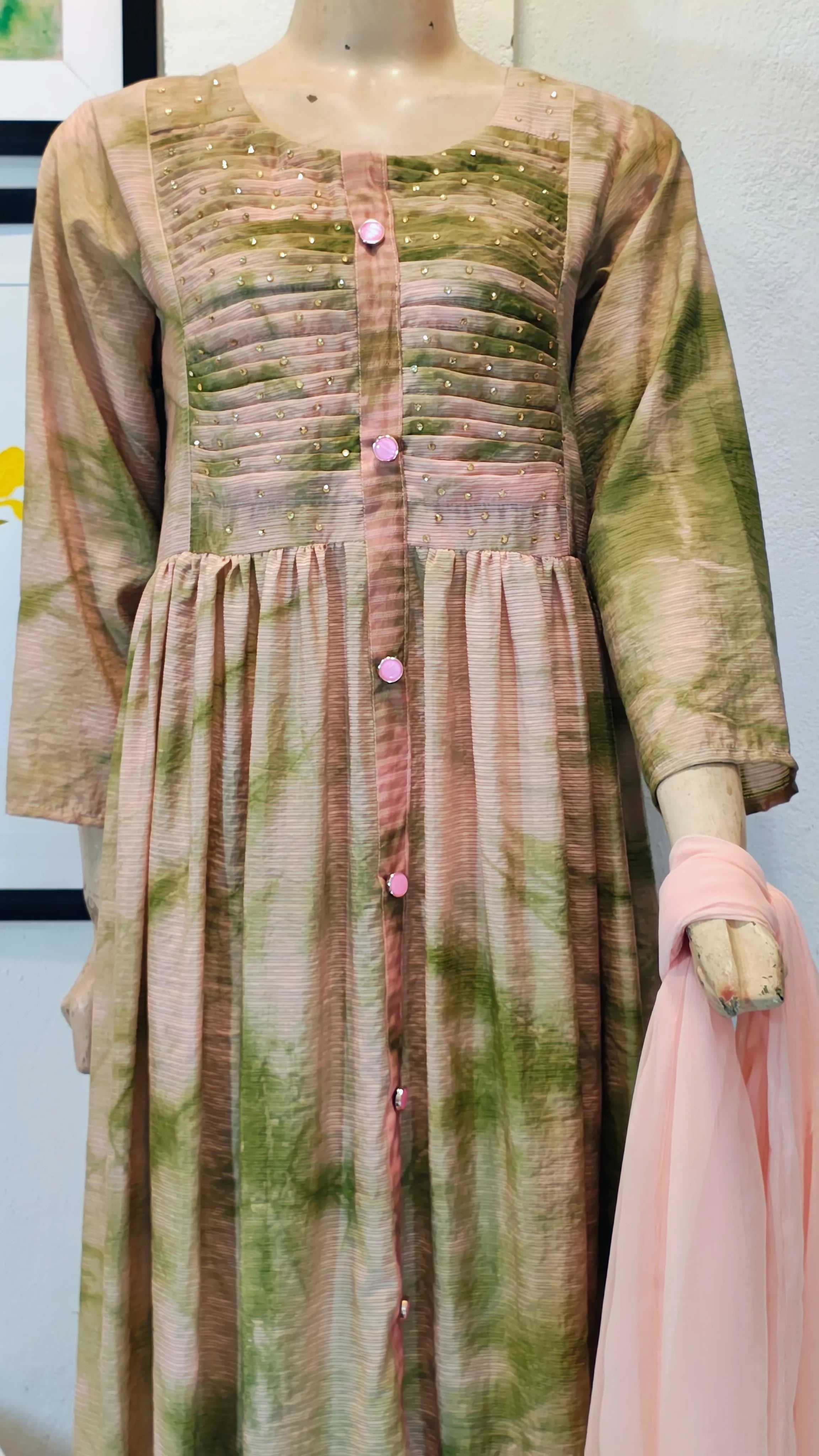 Olive and Rose Tie-Dye Frock Suit with Pintuck Bodice & Peach Dupatta