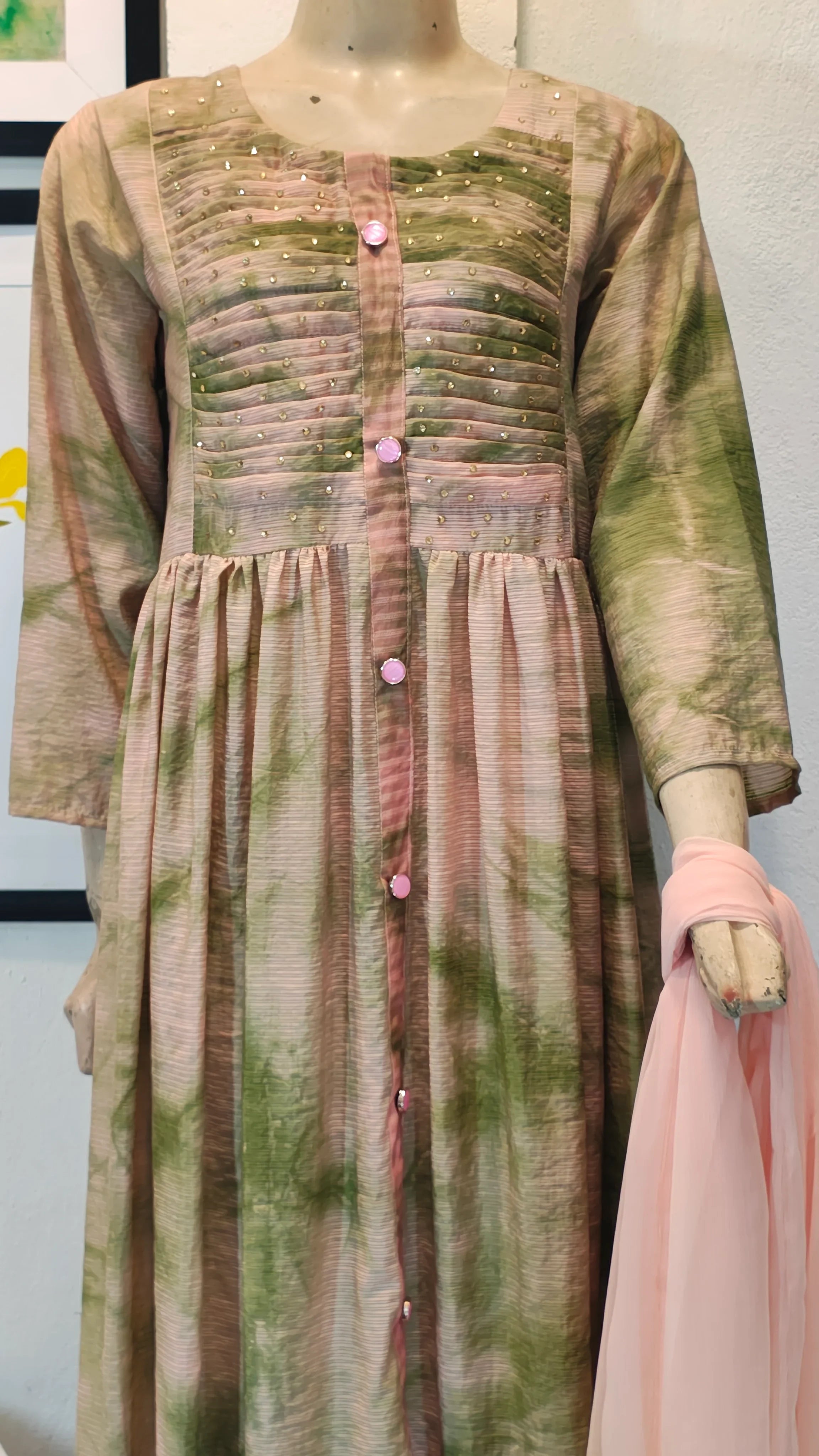 Olive and Rose Tie-Dye Frock Suit with Pintuck Bodice & Peach Dupatta
