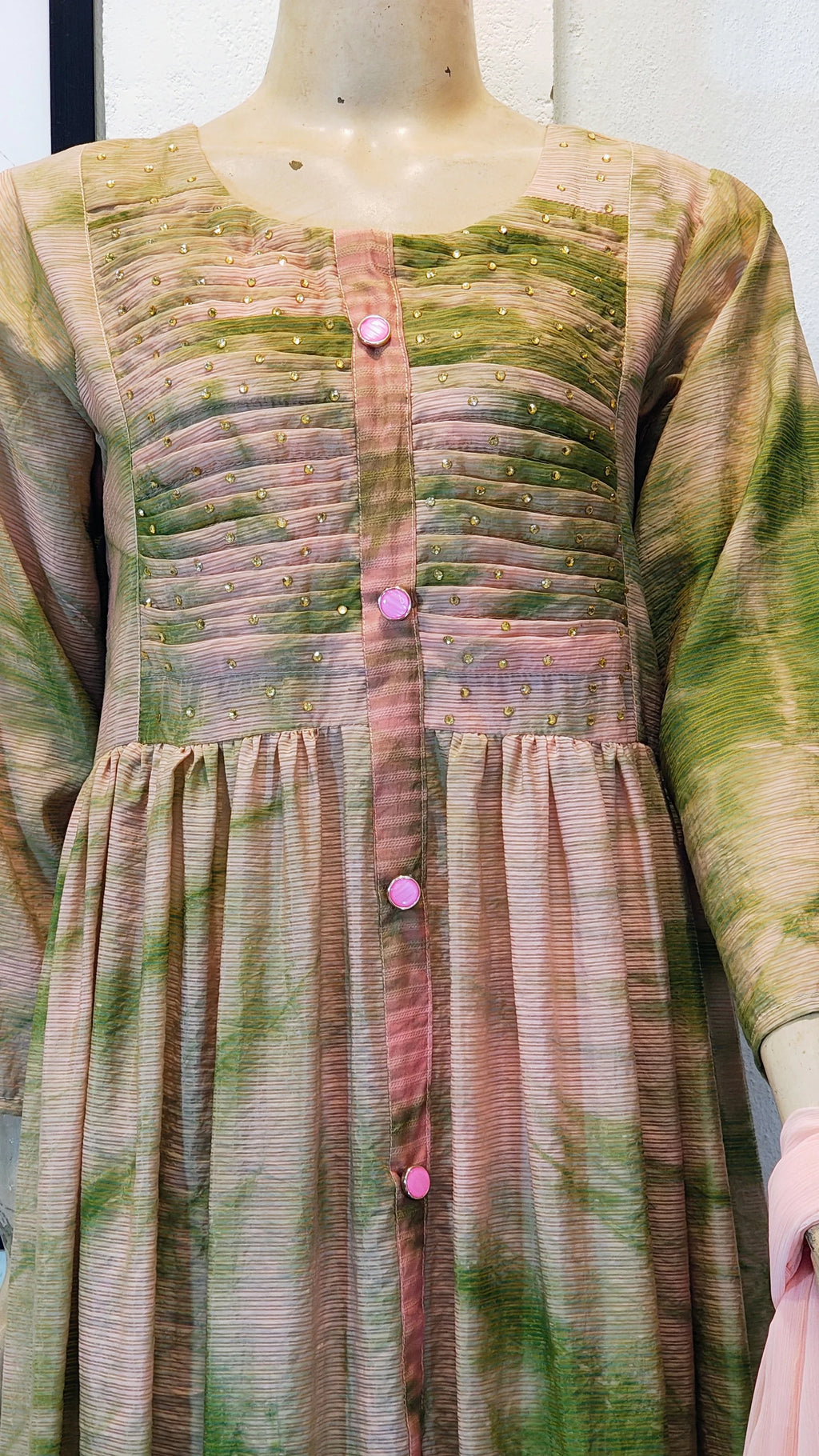 Olive and Rose Tie-Dye Frock Suit with Pintuck Bodice & Peach Dupatta