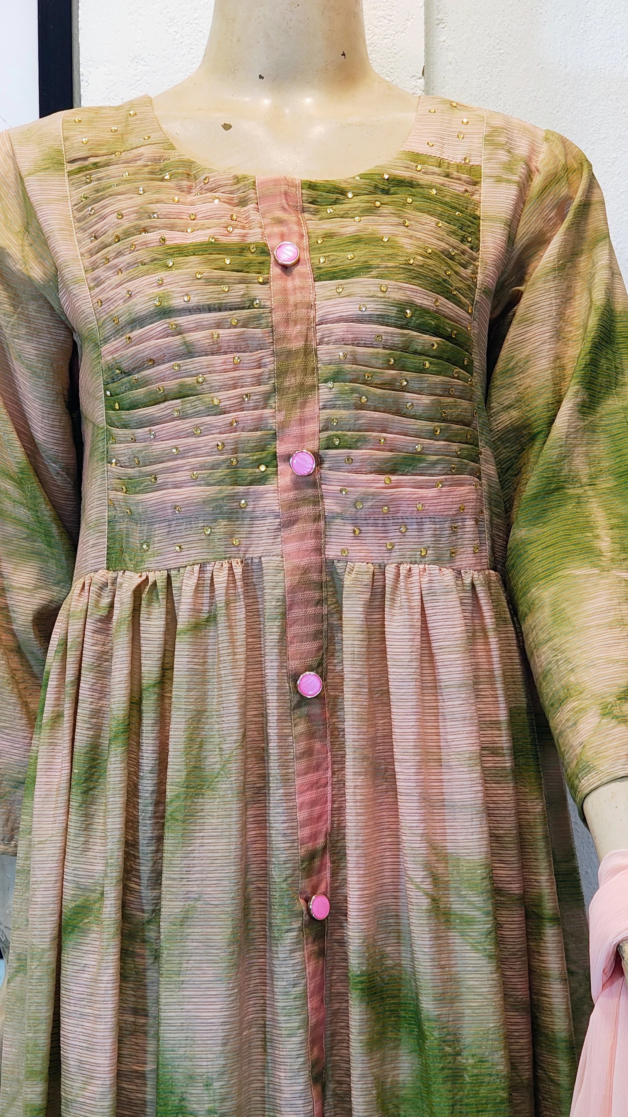 Olive and Rose Tie-Dye Frock Suit with Pintuck Bodice & Peach Dupatta