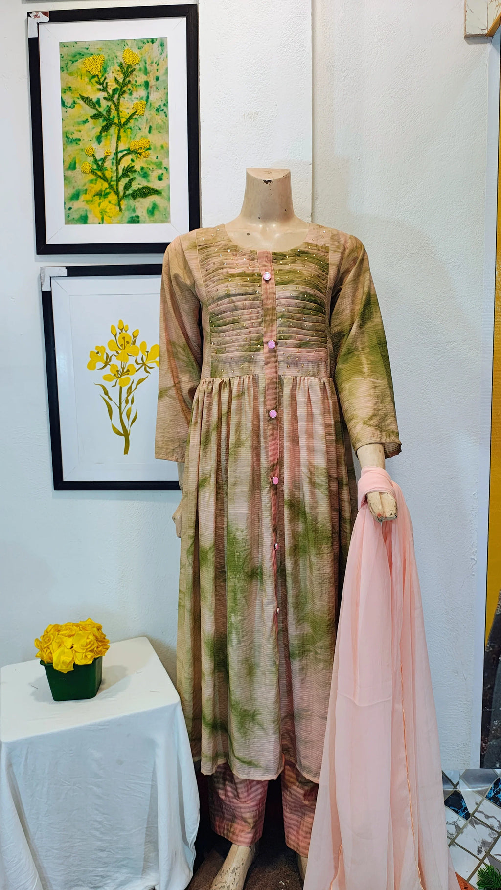 Olive and Rose Tie-Dye Frock Suit with Pintuck Bodice & Peach Dupatta