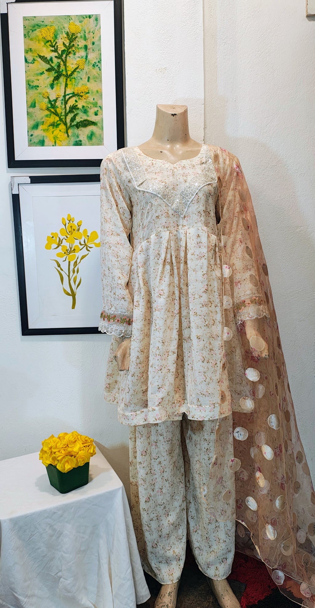 Cream Floral Peplum Suit with Sequin V-Neckline & Polka Dot Net Dupatta