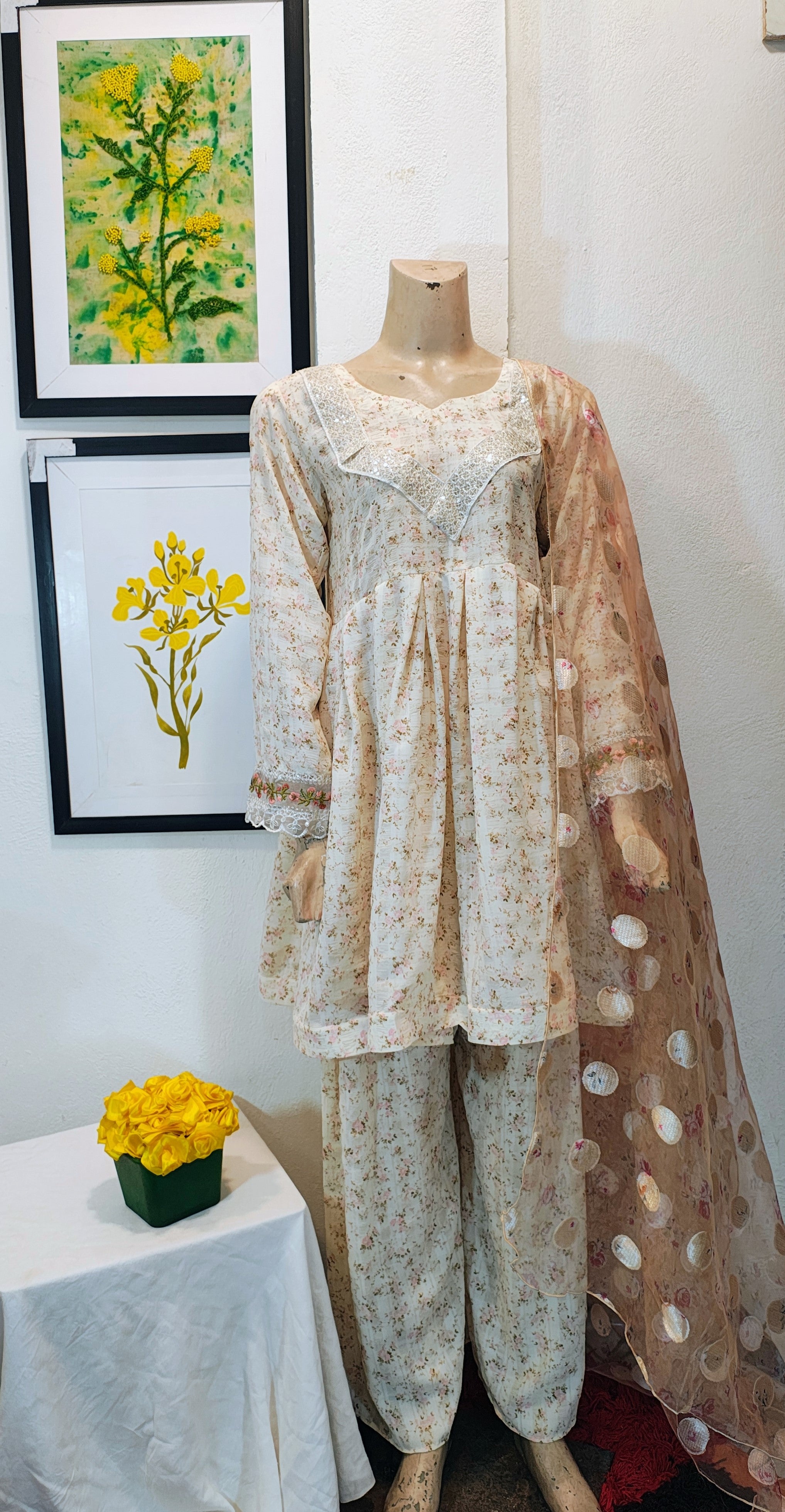Cream Floral Peplum Suit with Sequin V-Neckline & Polka Dot Net Dupatta