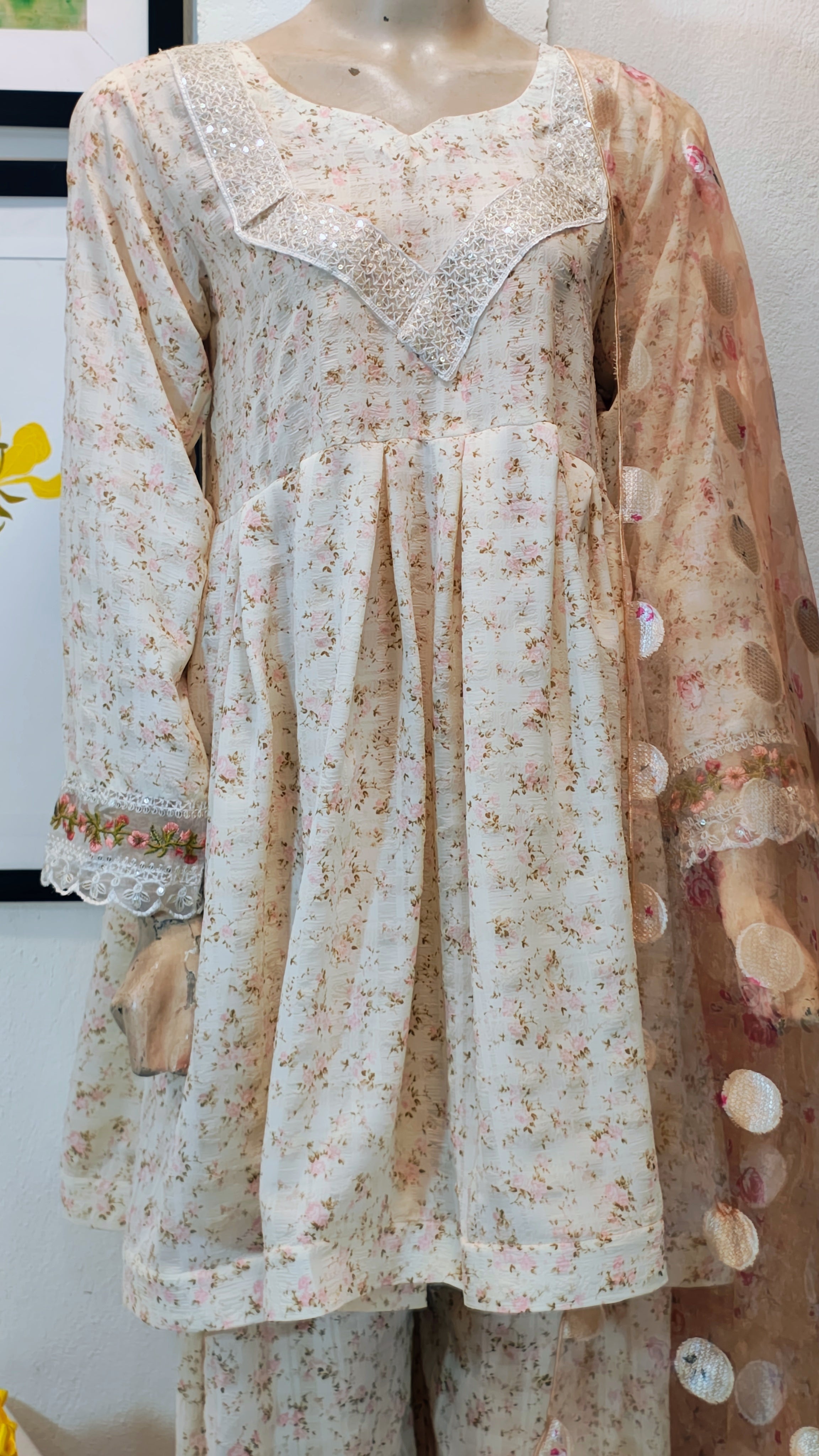 Cream Floral Peplum Suit with Sequin V-Neckline & Polka Dot Net Dupatta