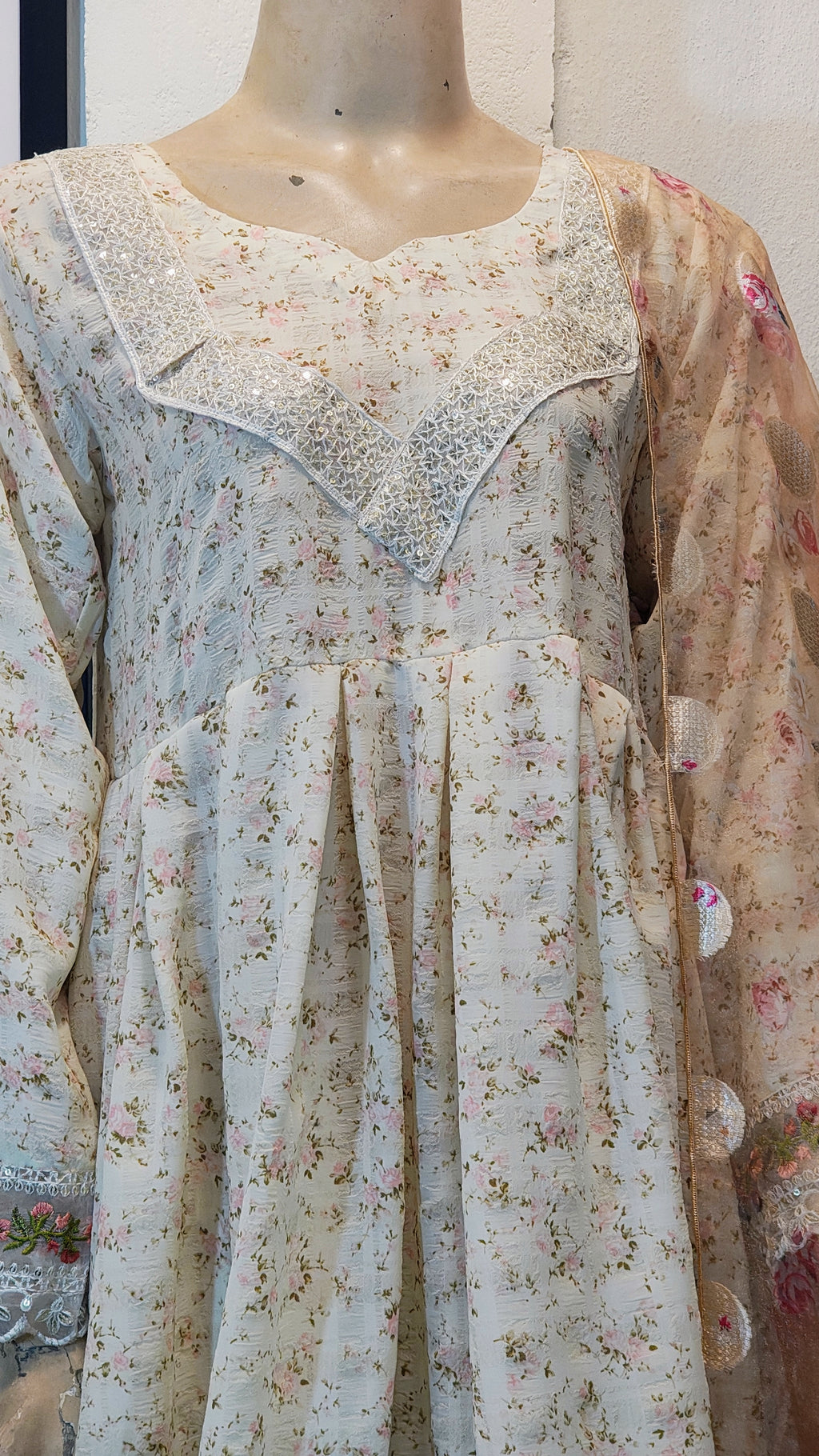 Cream Floral Peplum Suit with Sequin V-Neckline & Polka Dot Net Dupatta