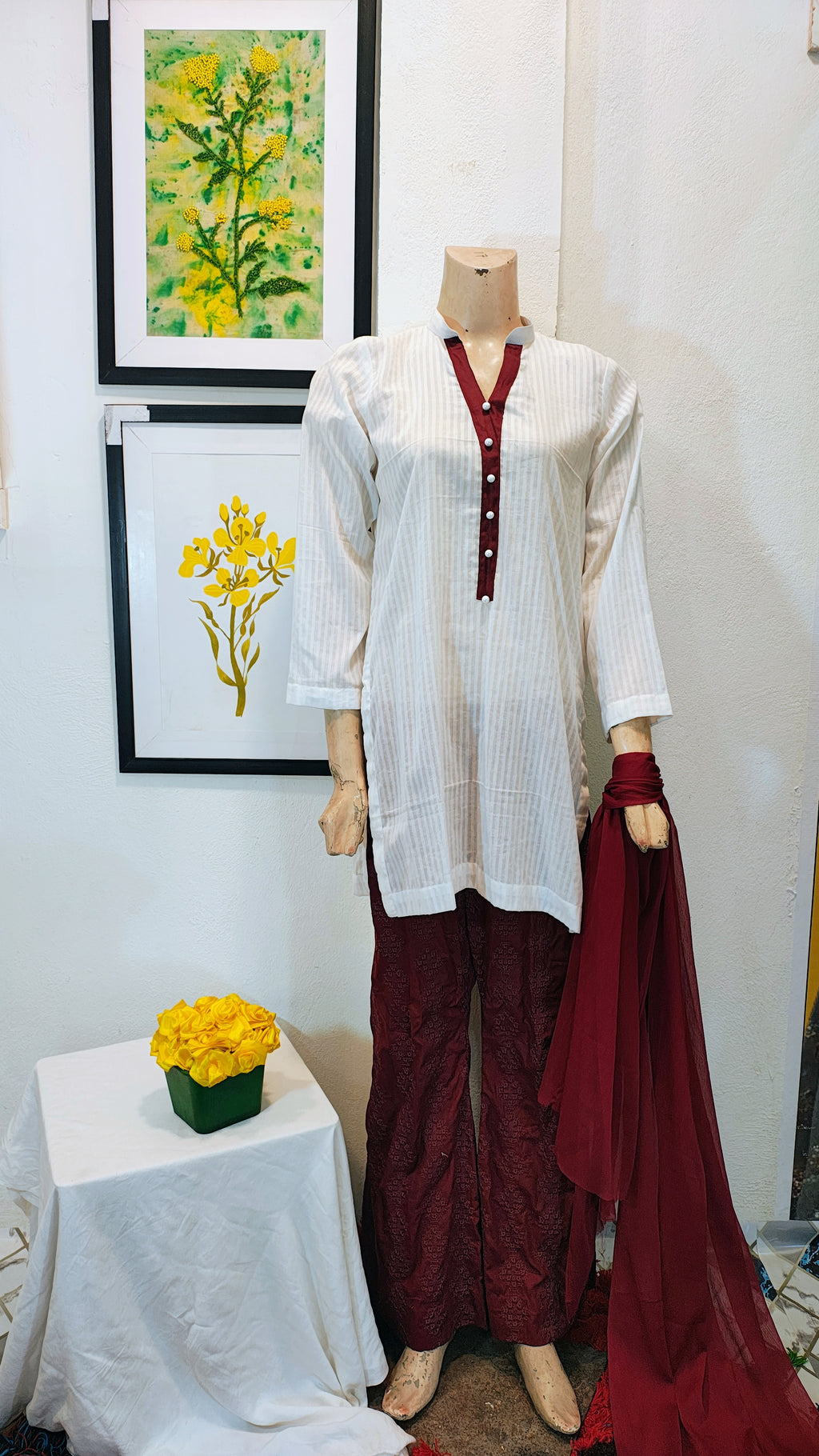 Maroon & Cream Striped Tunic Set with Contrast Button-Down Neckline & Embroidered Flared Trousers