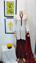 Maroon & Cream Striped Tunic Set with Contrast Button-Down Neckline & Embroidered Flared Trousers