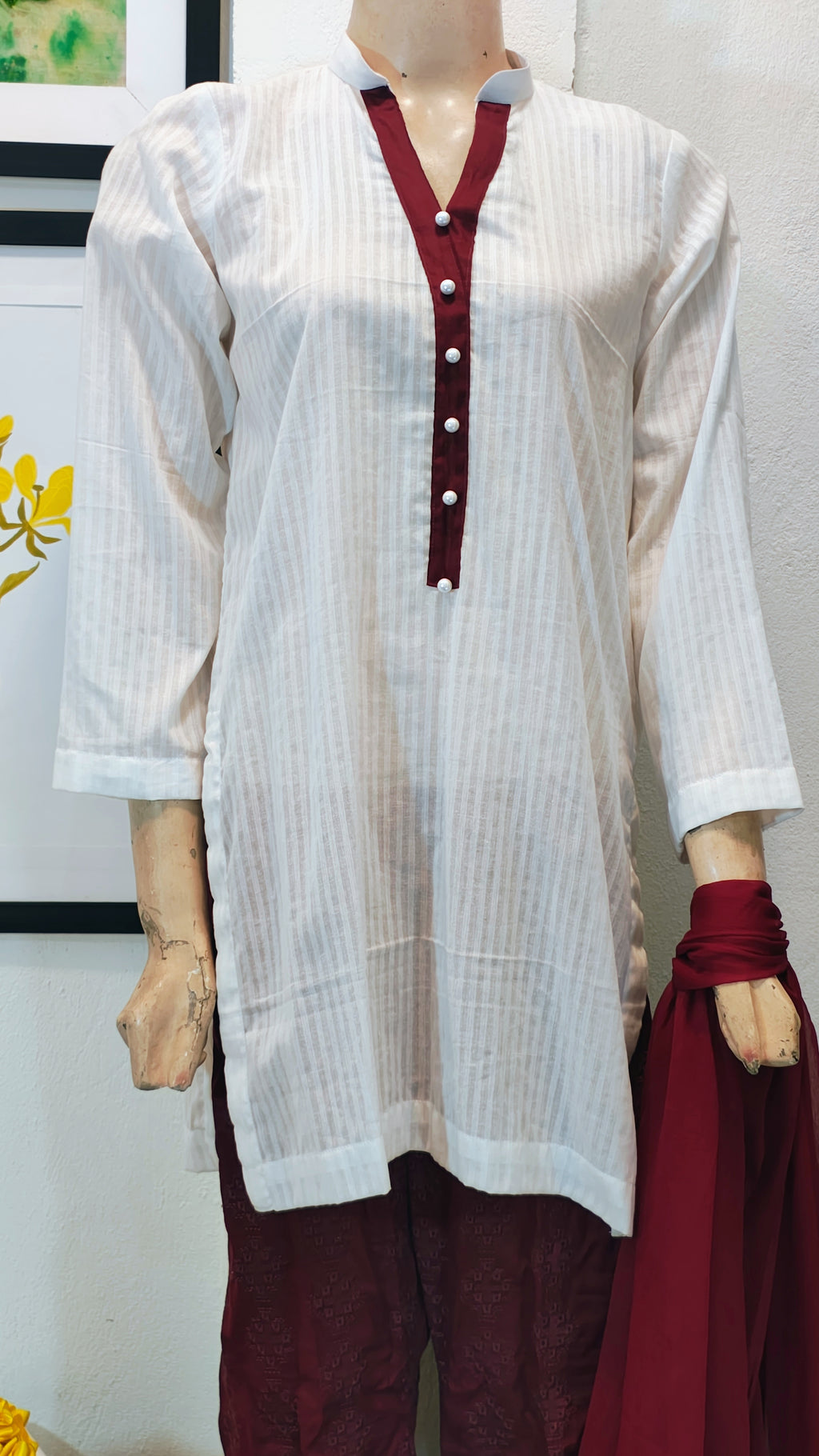 Maroon & Cream Striped Tunic Set with Contrast Button-Down Neckline & Embroidered Flared Trousers