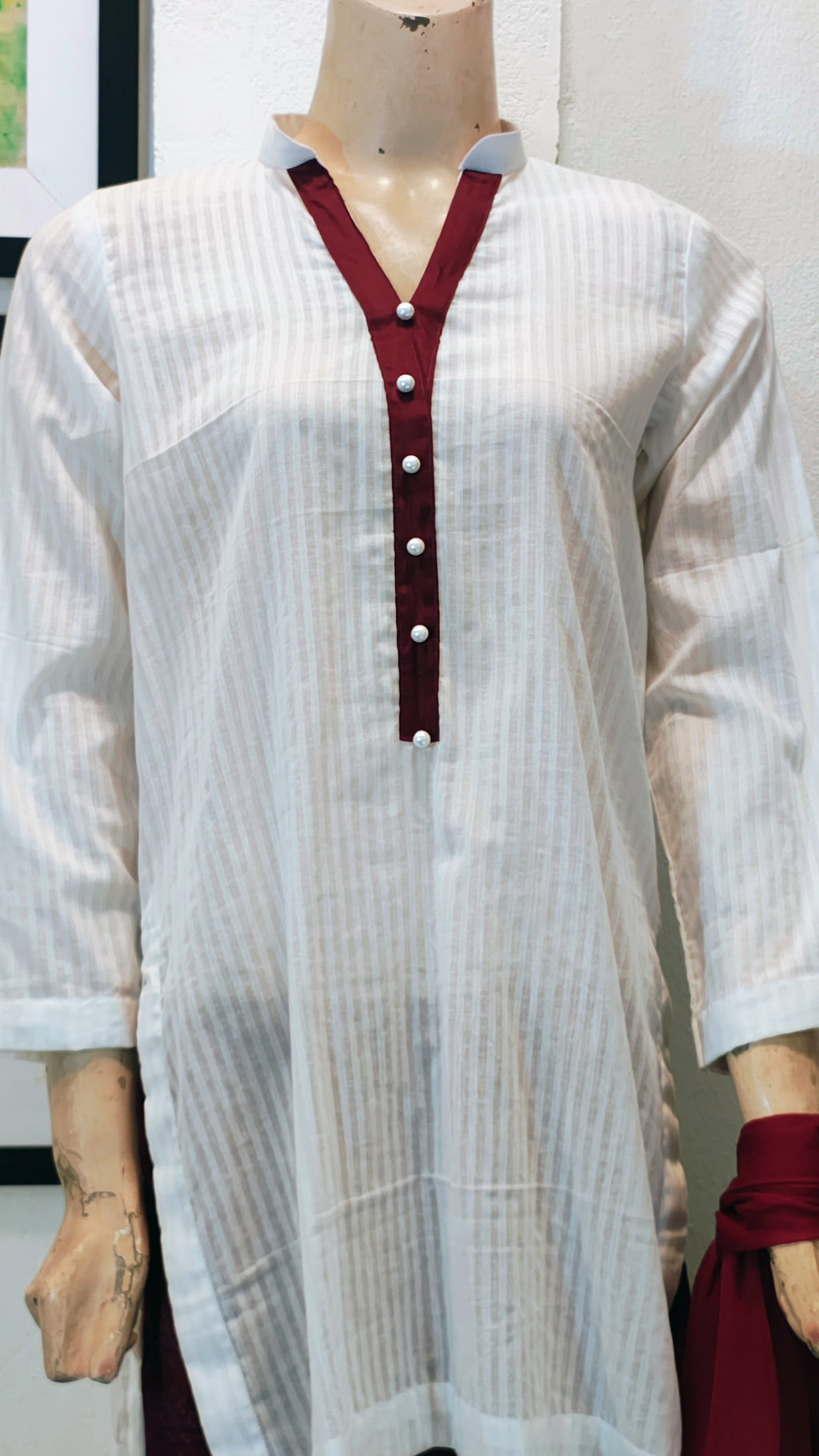 Maroon & Cream Striped Tunic Set with Contrast Button-Down Neckline & Embroidered Flared Trousers
