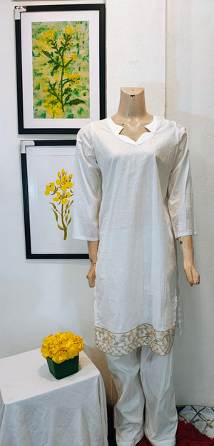 Classic White Cotton-Lawn 3-Piece Suit with Golden Embroidered Border & Notched Neckline