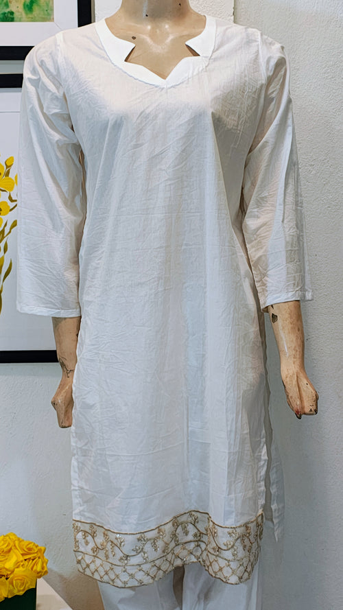 Classic White Cotton-Lawn 3-Piece Suit with Golden Embroidered Border & Notched Neckline