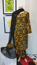 Gold Baroque Scroll Print 3-Piece Suit with Medallion Accents & Sheer Black Dupatta