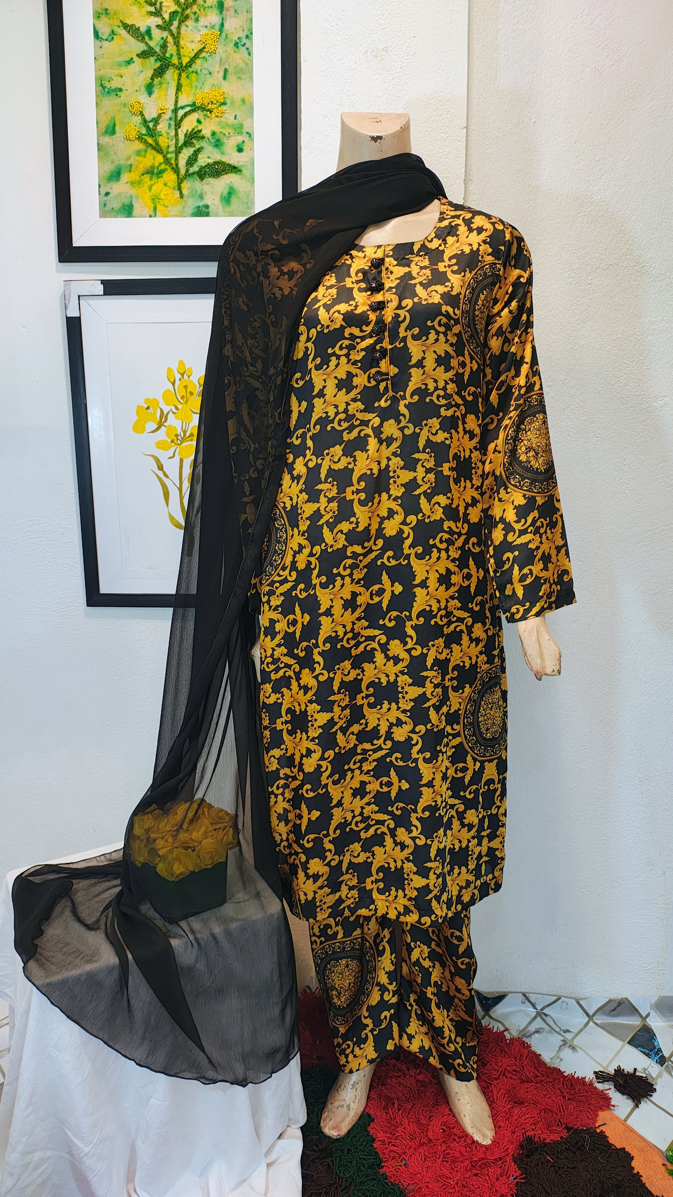 Gold Baroque Scroll Print 3-Piece Suit with Medallion Accents & Sheer Black Dupatta