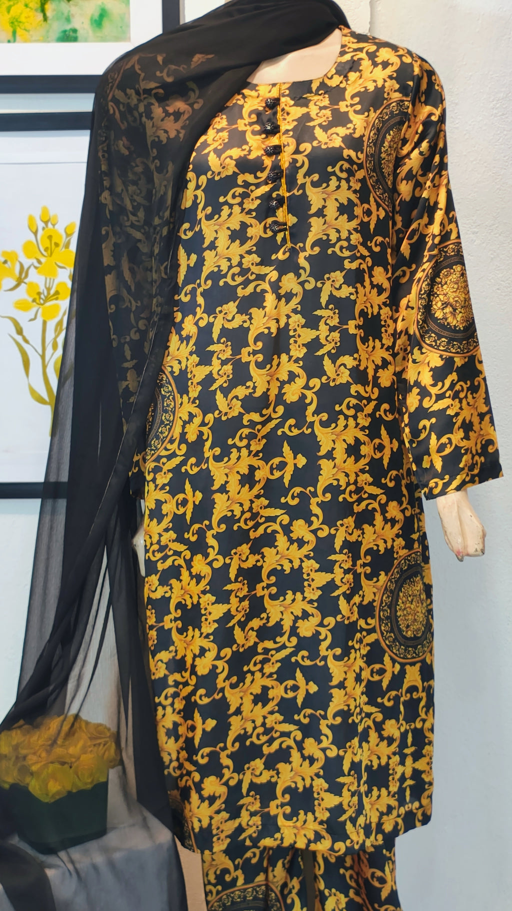 Gold Baroque Scroll Print 3-Piece Suit with Medallion Accents & Sheer Black Dupatta