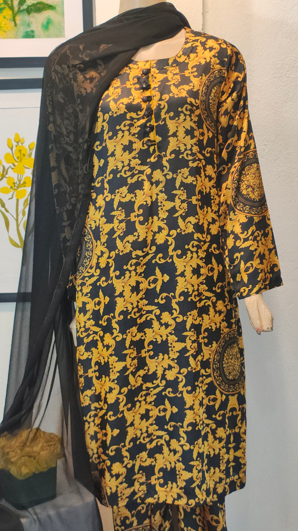 Gold Baroque Scroll Print 3-Piece Suit with Medallion Accents & Sheer Black Dupatta