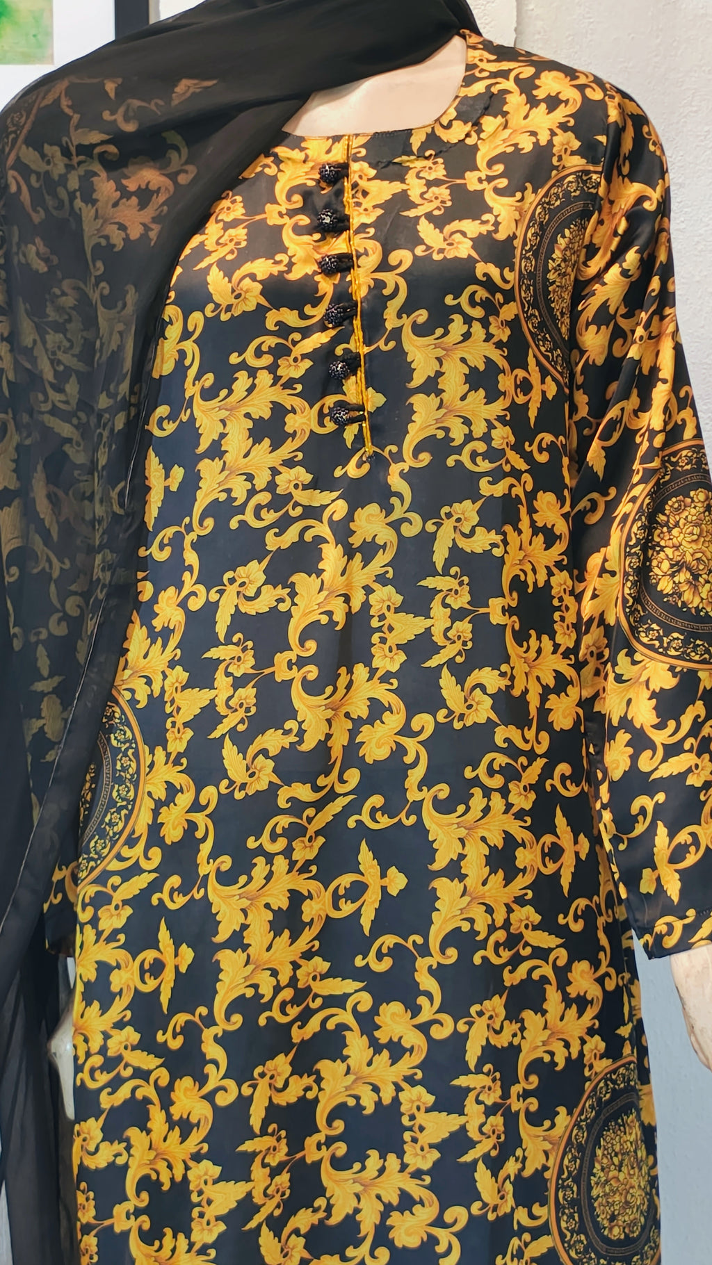 Gold Baroque Scroll Print 3-Piece Suit with Medallion Accents & Sheer Black Dupatta