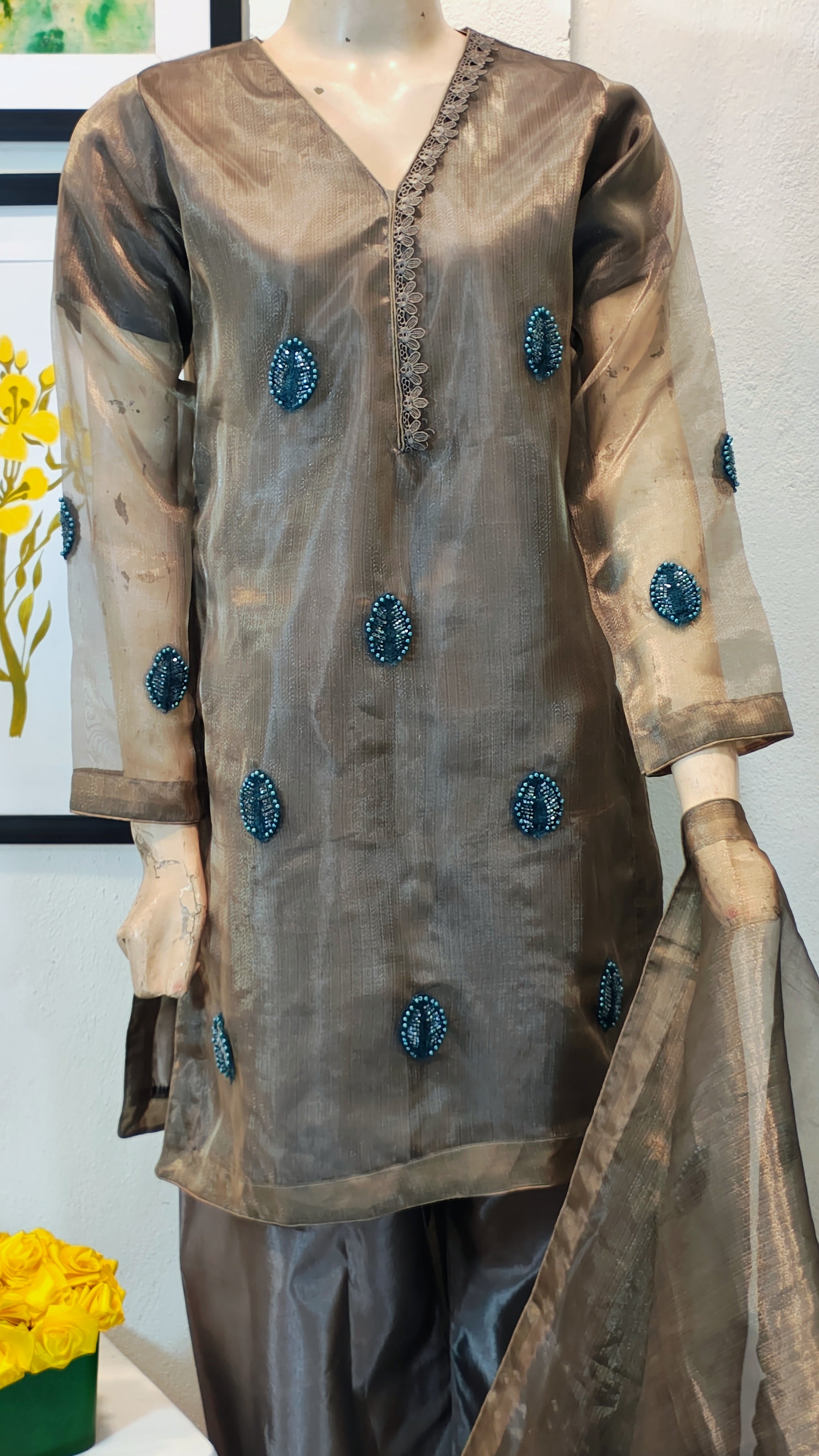Sunset silk Organza 3-Piece Suit with Mirror-Work Embroidery & Lace Finishes