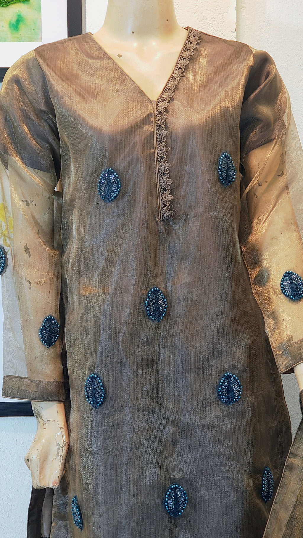Sunset silk Organza 3-Piece Suit with Mirror-Work Embroidery & Lace Finishes