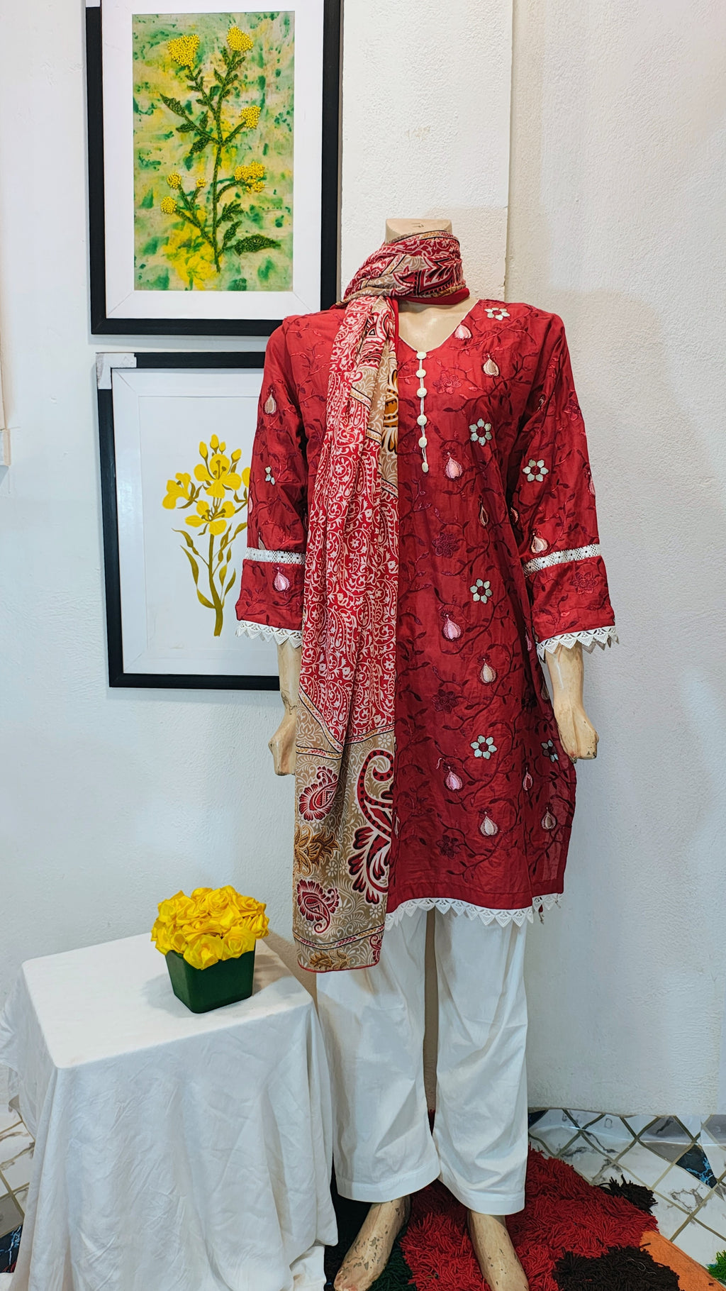 Deep Ruby 3-Piece Suit with White Floral Embroidery & Block-Print Dupatta
