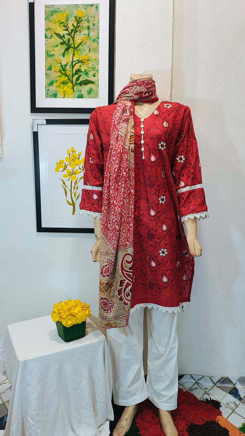 Deep Ruby 3-Piece Suit with White Floral Embroidery & Block-Print Dupatta