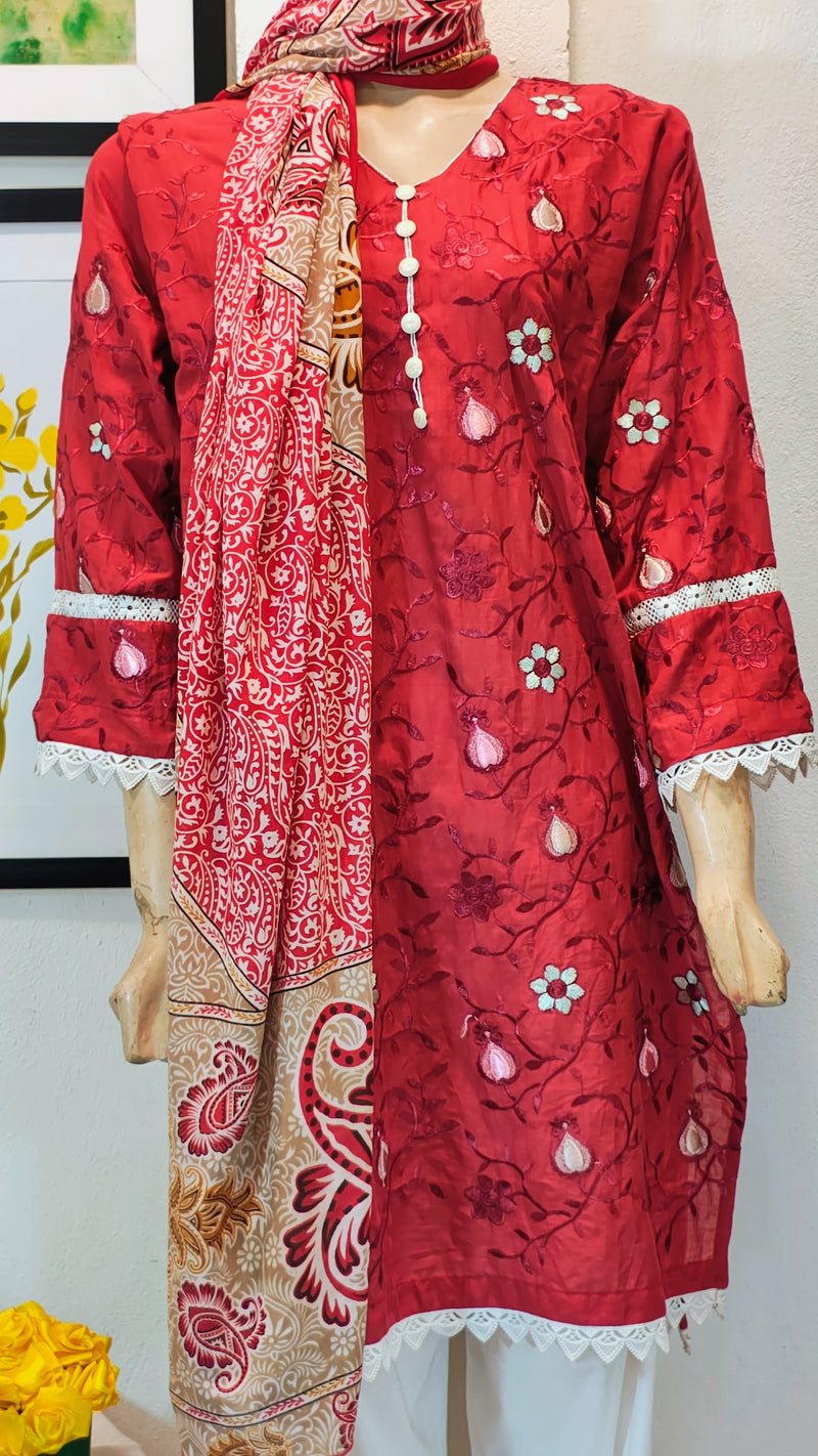 Deep Ruby 3-Piece Suit with White Floral Embroidery & Block-Print Dupatta