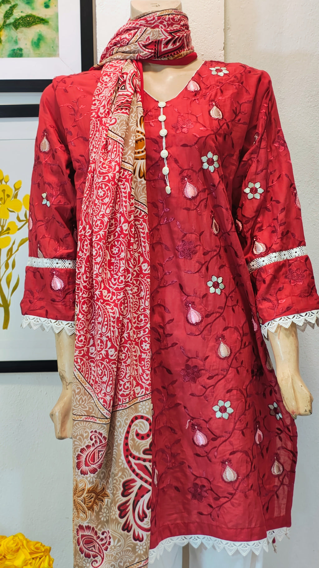 Deep Ruby 3-Piece Suit with White Floral Embroidery & Block-Print Dupatta