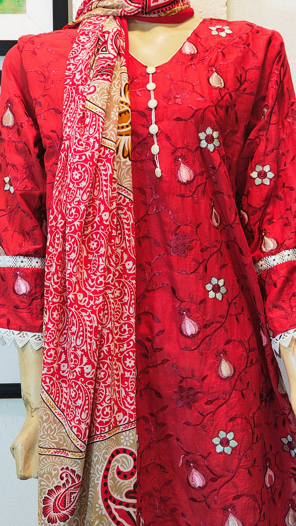 Deep Ruby 3-Piece Suit with White Floral Embroidery & Block-Print Dupatta